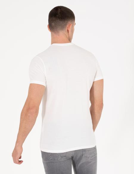 Ekru Slim Fit Baskılı Bisiklet Yaka Tişört - 50263928046