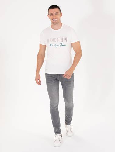 Ekru Slim Fit Baskılı Bisiklet Yaka Tişört