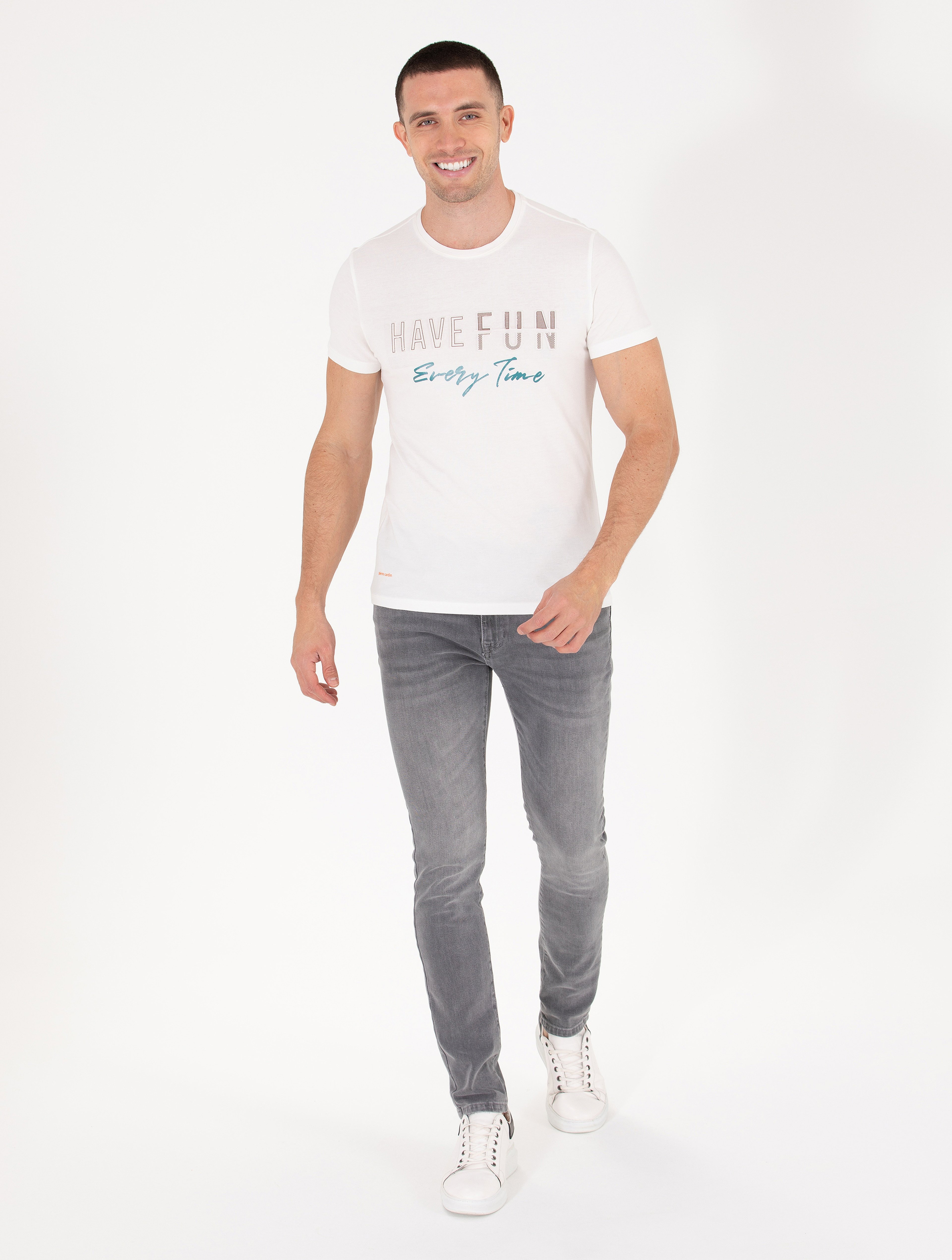 Ekru Slim Fit Baskılı Bisiklet Yaka Tişört - Image 2
