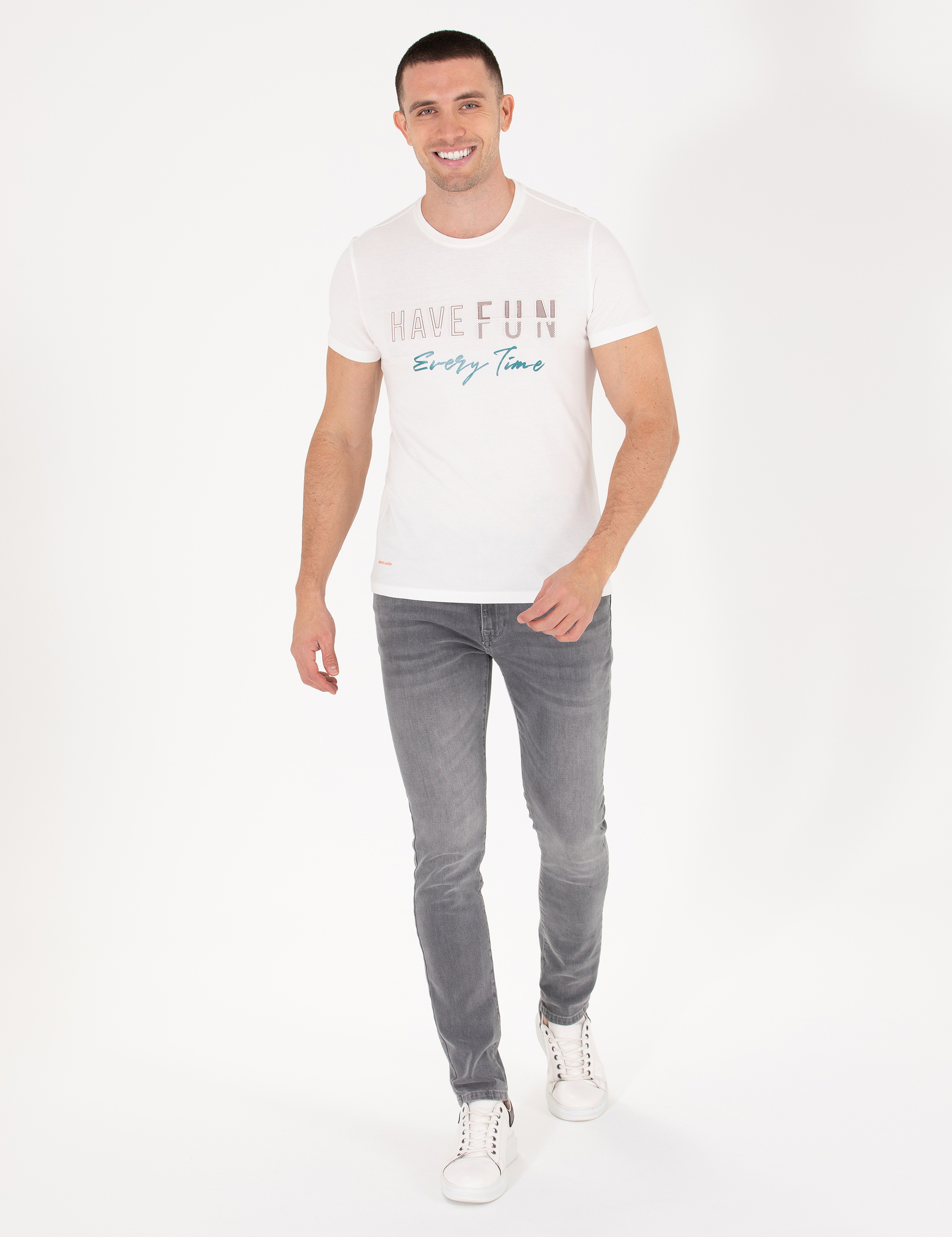 Ekru Slim Fit Baskılı Bisiklet Yaka Tişört
