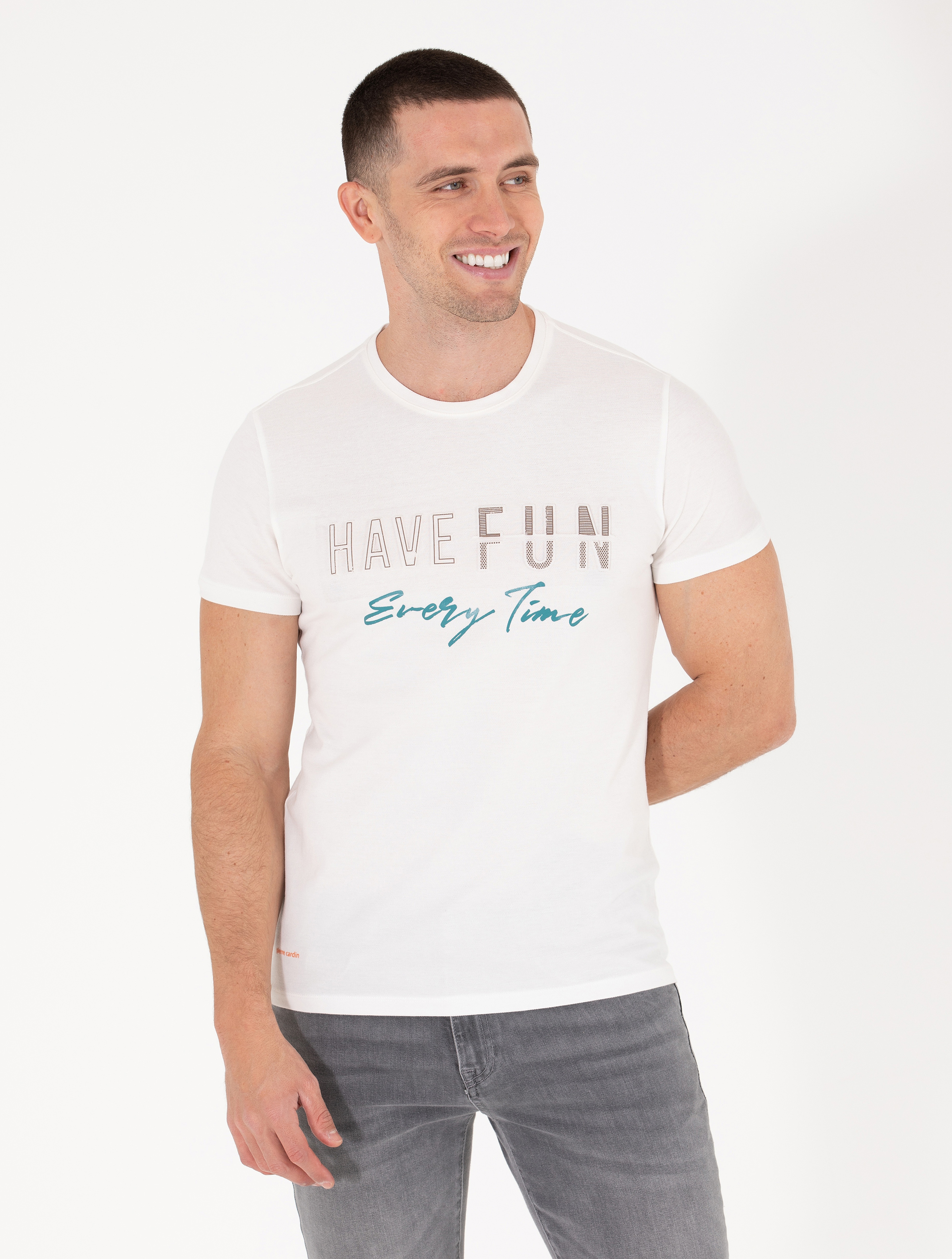 Ekru Slim Fit Baskılı Bisiklet Yaka Tişört - Image 3
