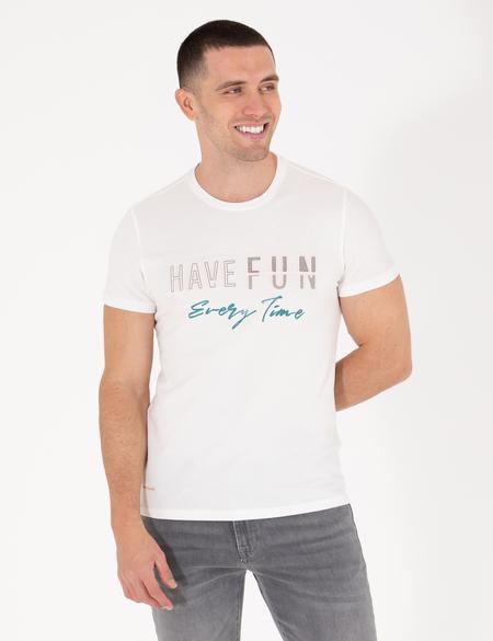 Ekru Slim Fit Baskılı Bisiklet Yaka Tişört - 50263928046