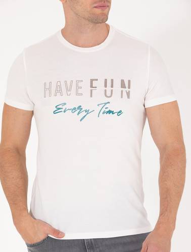 Ekru Slim Fit Baskılı Bisiklet Yaka Tişört