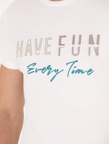 Ekru Slim Fit Baskılı Bisiklet Yaka Tişört
