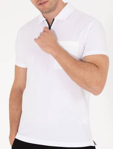 Beyaz Slim Fit Fermuarlı Polo Yaka Tişört