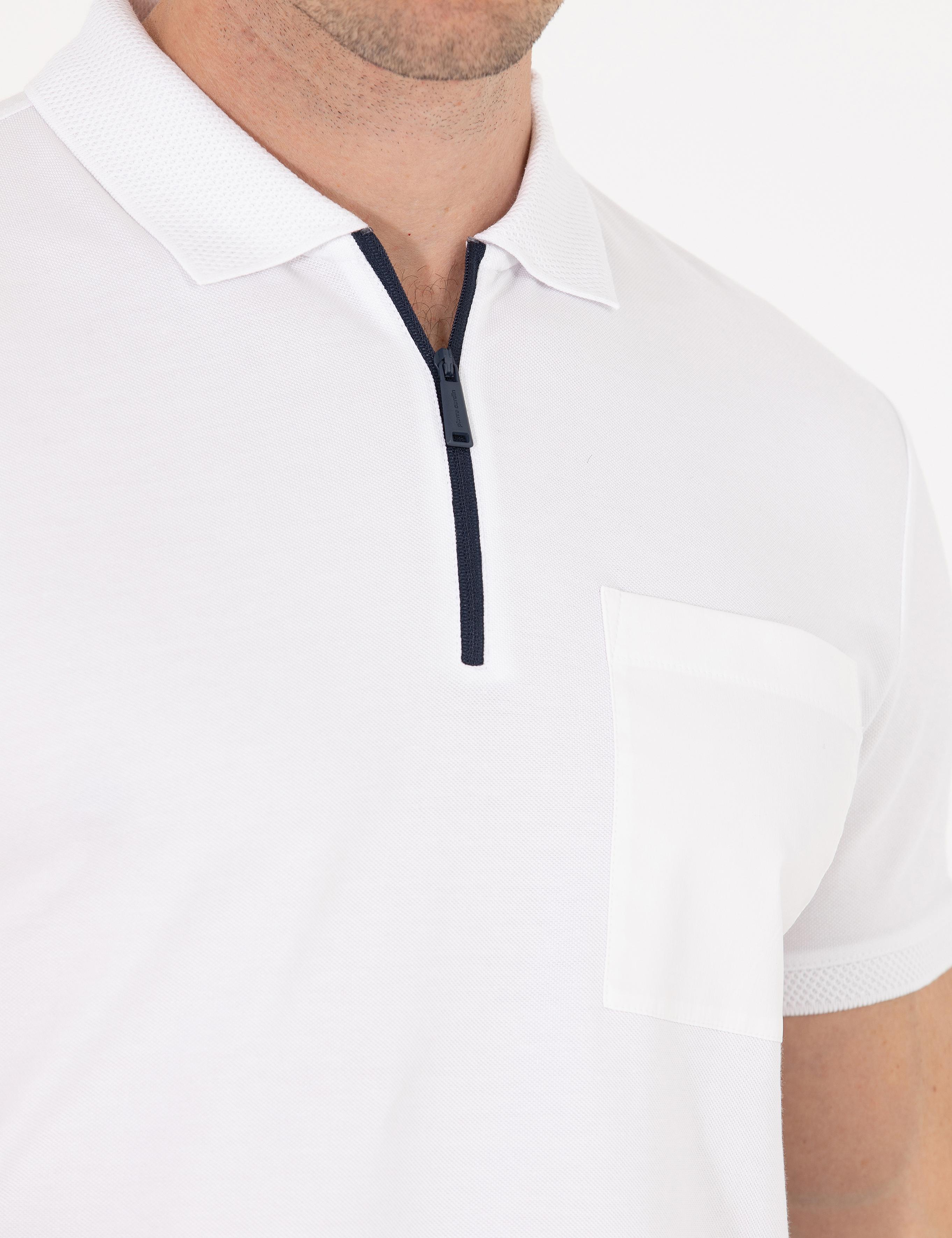 Beyaz Slim Fit Fermuarlı Polo Yaka Tişört