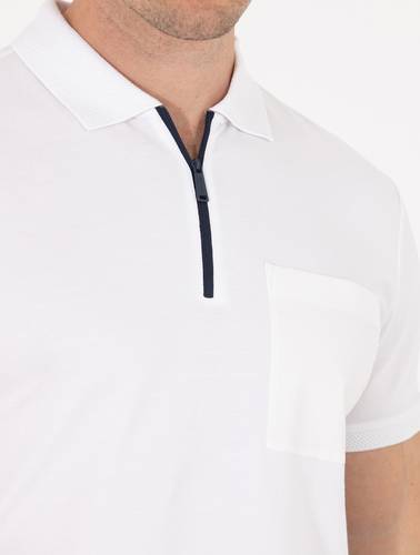 Beyaz Slim Fit Fermuarlı Polo Yaka Tişört