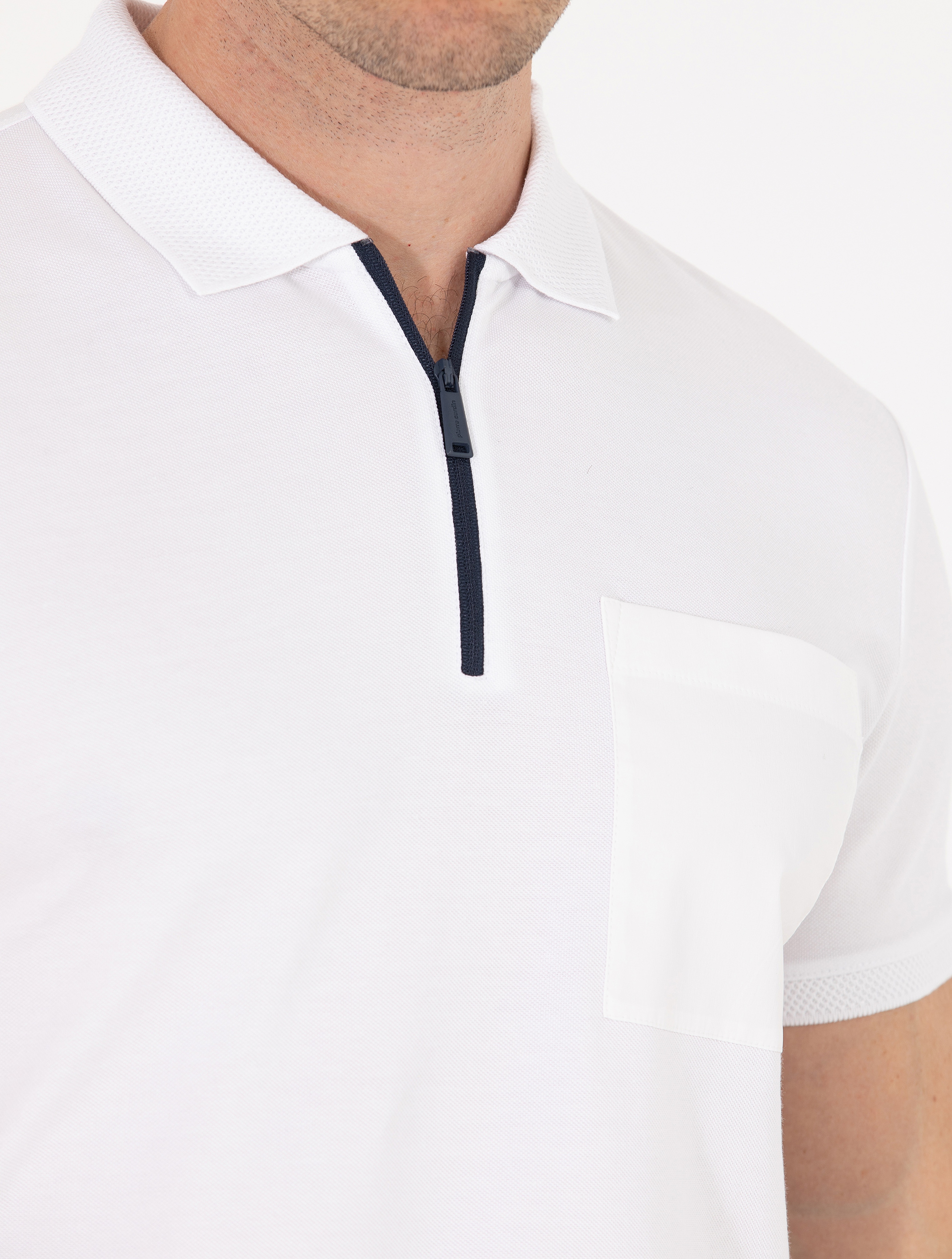 Beyaz Slim Fit Fermuarlı Polo Yaka Tişört - Image 7