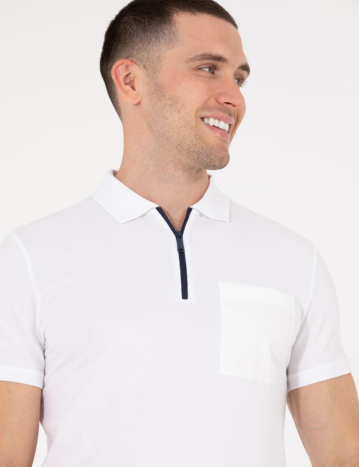 Beyaz Slim Fit Fermuarlı Polo Yaka Tişört - 50263936022