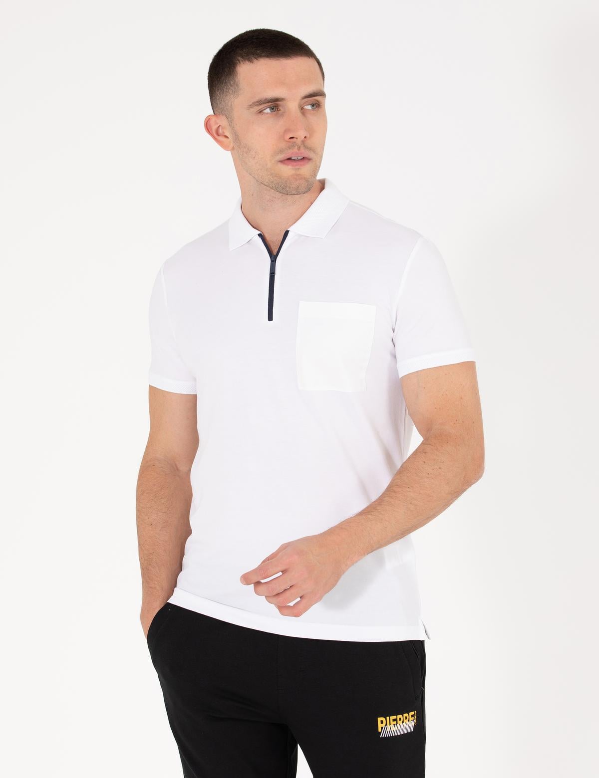 Beyaz Slim Fit Fermuarlı Polo Yaka Tişört