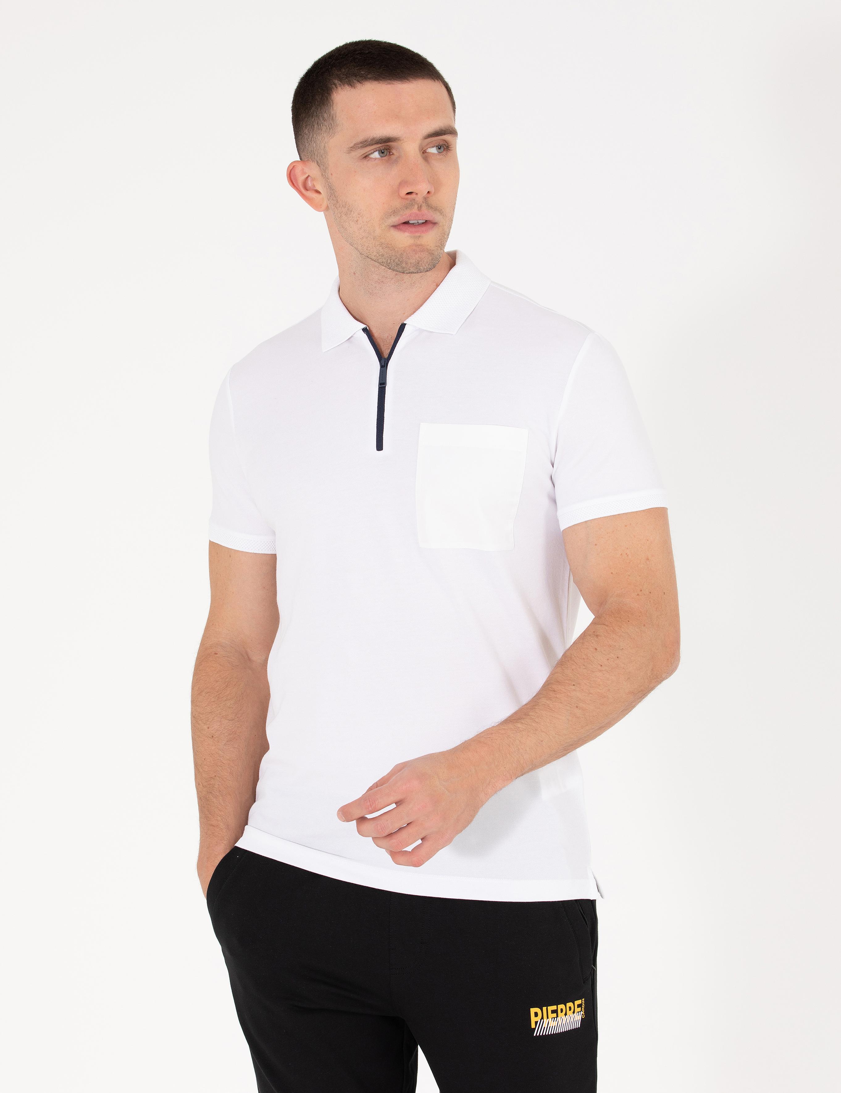 Beyaz Slim Fit Fermuarlı Polo Yaka Tişört