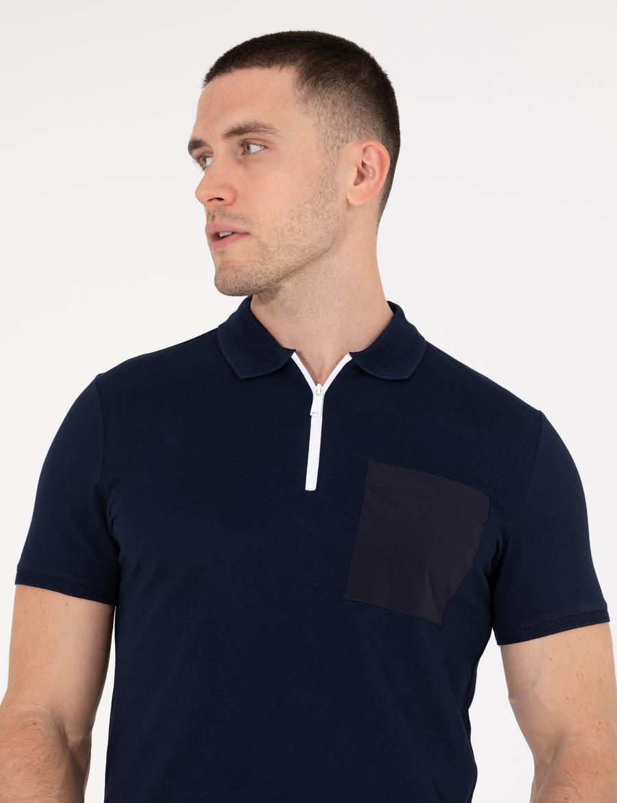 Lacivert Slim Fit Fermuarlı Polo Yaka Tişört
