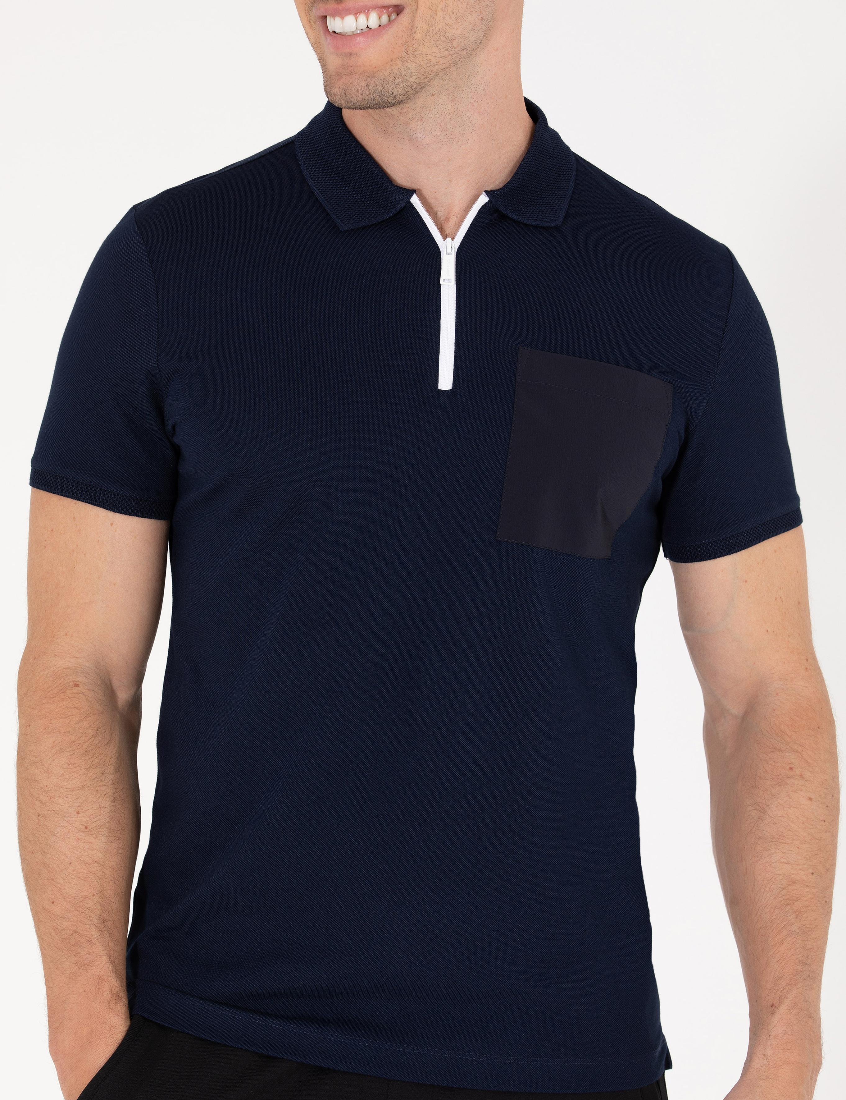 Lacivert Slim Fit Fermuarlı Polo Yaka Tişört