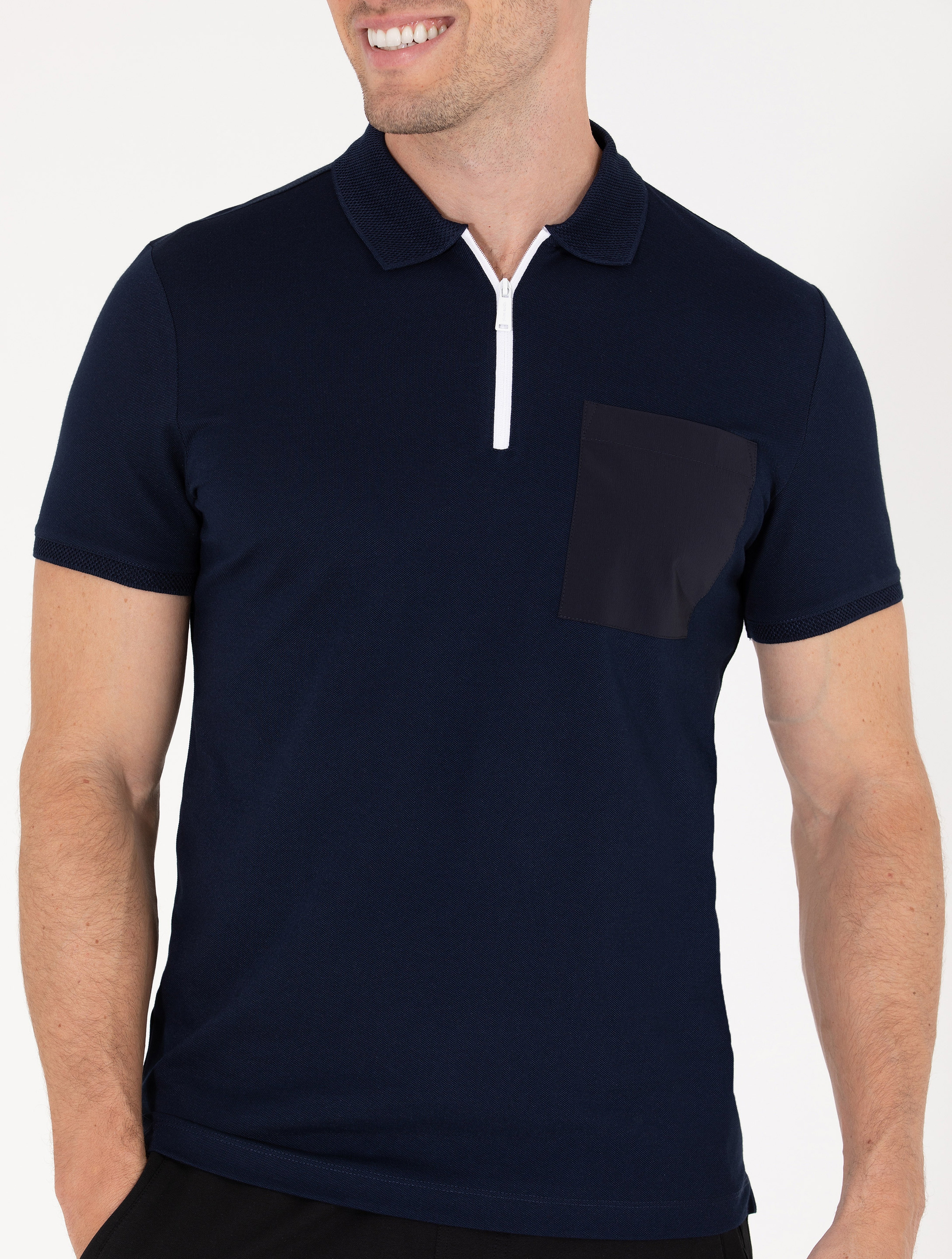 Lacivert Slim Fit Fermuarlı Polo Yaka Tişört - Image 6