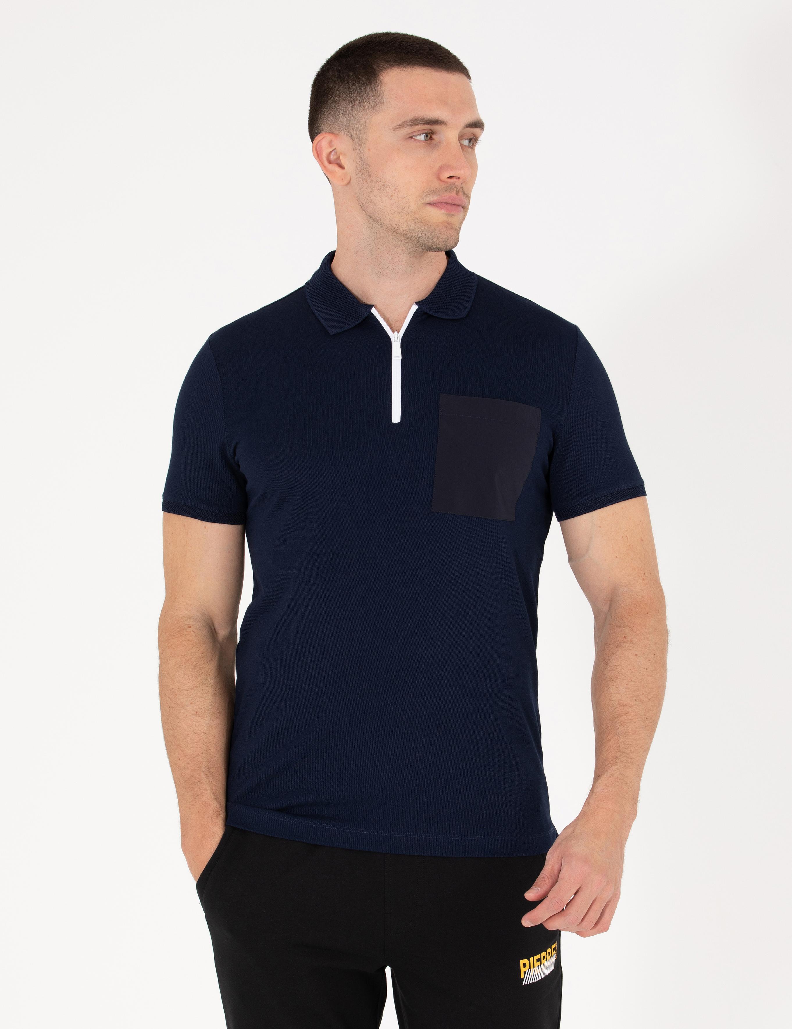 Lacivert Slim Fit Fermuarlı Polo Yaka Tişört