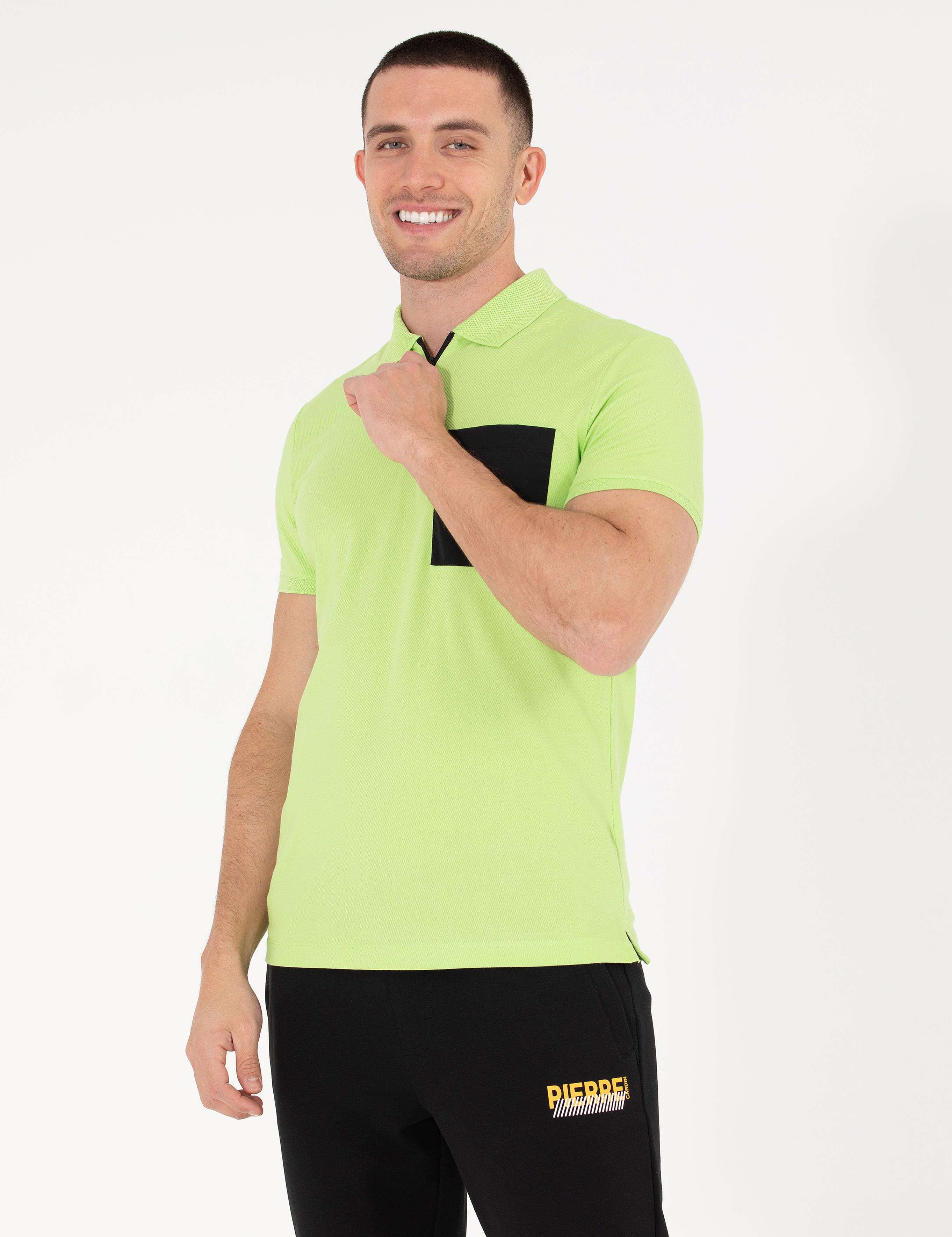 Yeşil Slim Fit Fermuarlı Polo Yaka Tişört