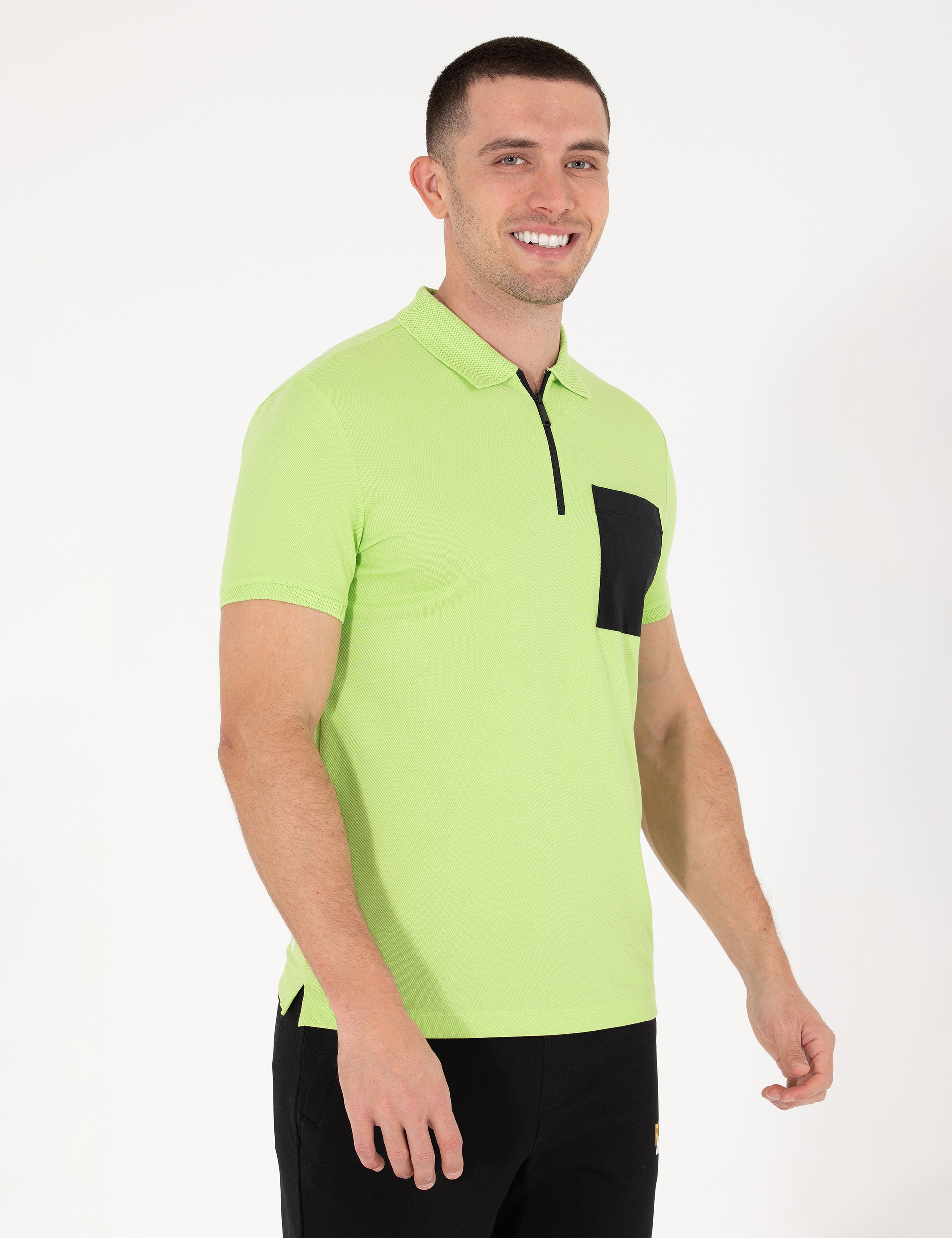Yeşil Slim Fit Fermuarlı Polo Yaka Tişört