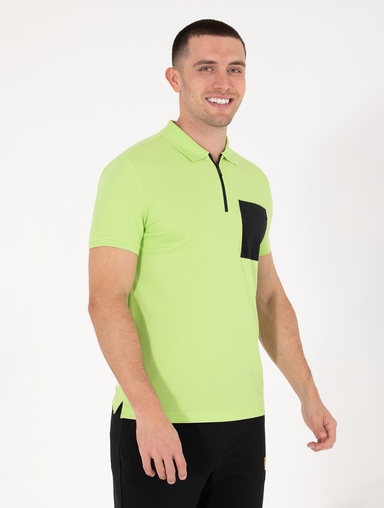 Yeşil Slim Fit Fermuarlı Polo Yaka Tişört
