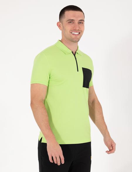 Yeşil Slim Fit Fermuarlı Polo Yaka Tişört - 50263936057