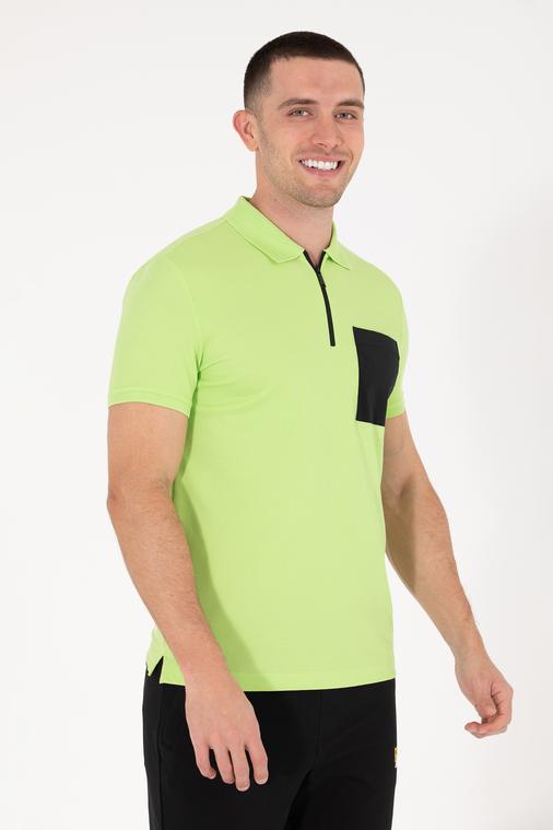 Yeşil Slim Fit Fermuarlı Polo Yaka Tişört