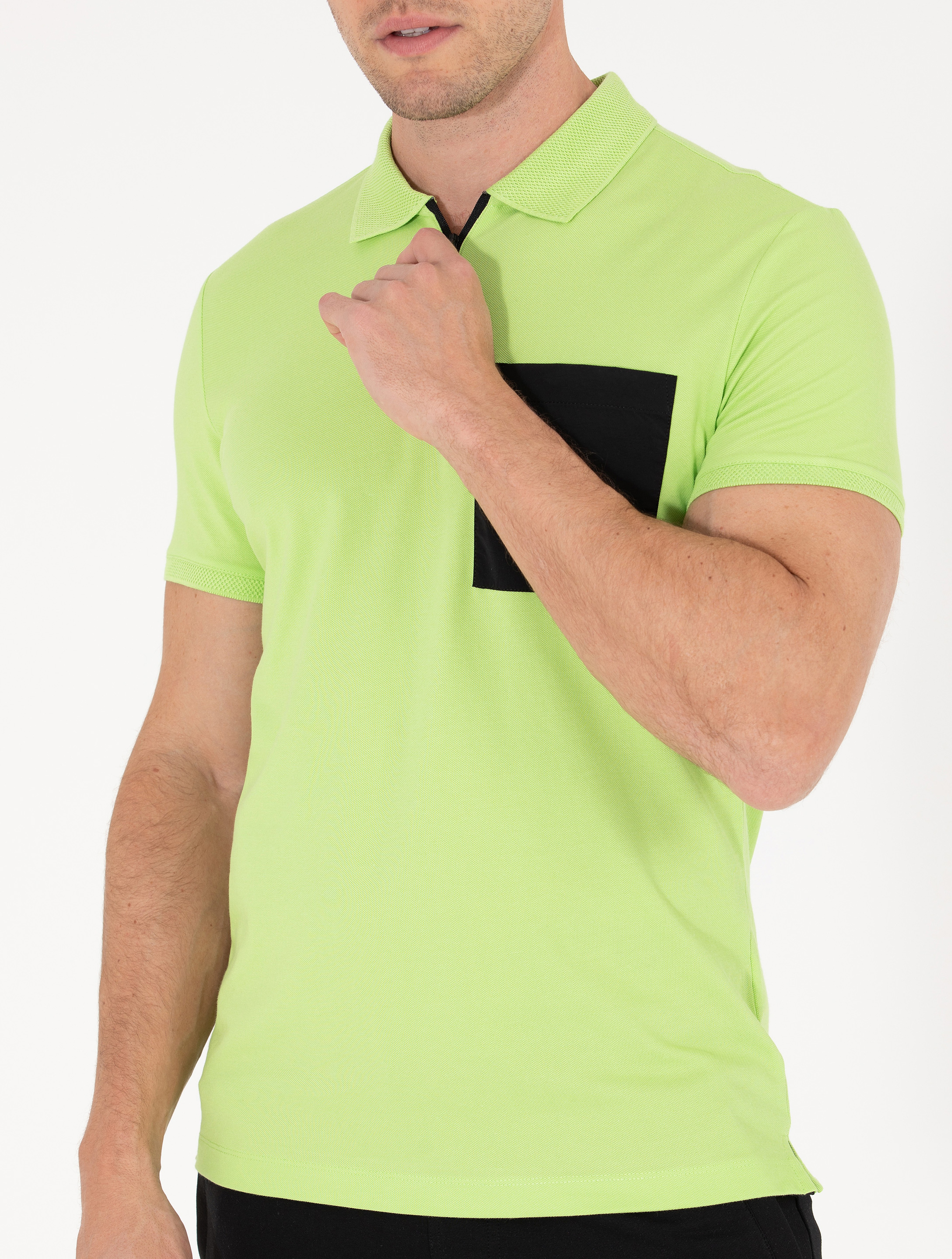 Yeşil Slim Fit Fermuarlı Polo Yaka Tişört - Image 7