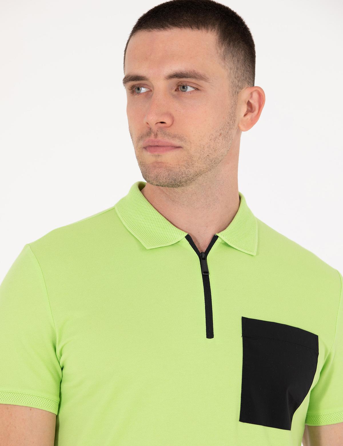 Yeşil Slim Fit Fermuarlı Polo Yaka Tişört - 50263936058