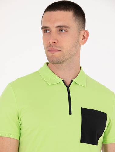 Yeşil Slim Fit Fermuarlı Polo Yaka Tişört