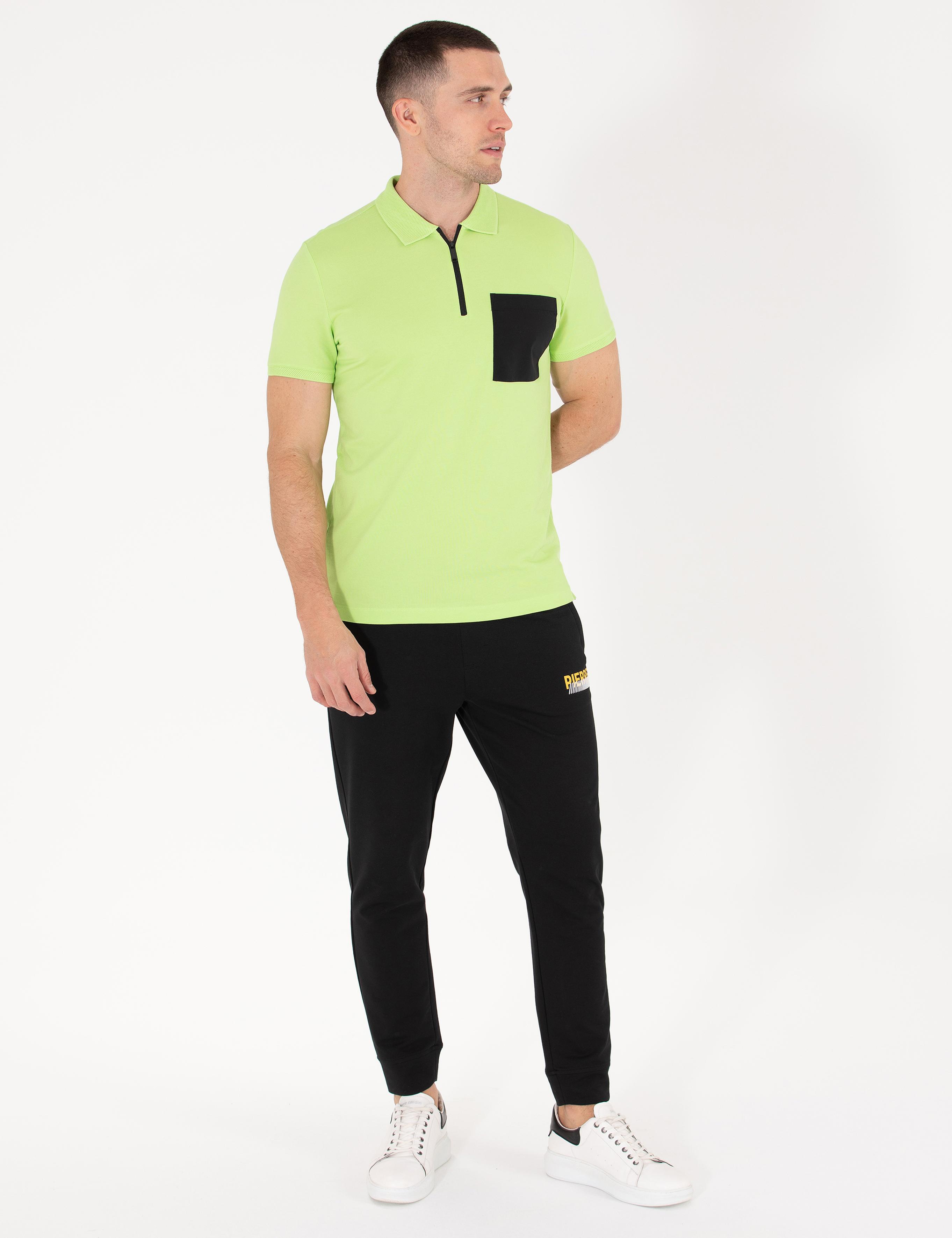 Yeşil Slim Fit Fermuarlı Polo Yaka Tişört