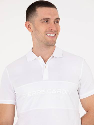 Beyaz Slim Fit Göğüs Baskılı Polo Yaka Tişört