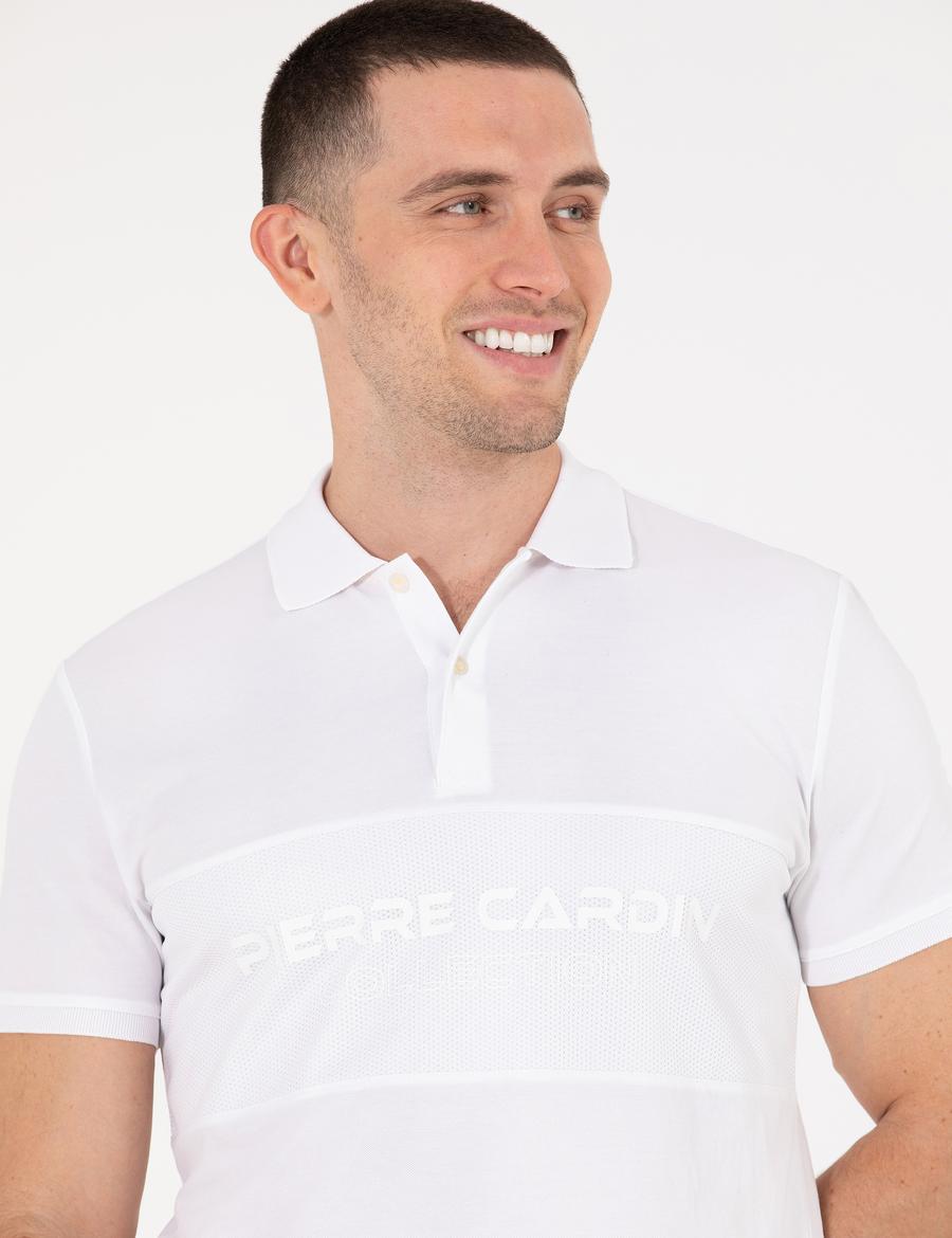 Beyaz Slim Fit Göğüs Baskılı Polo Yaka Tişört