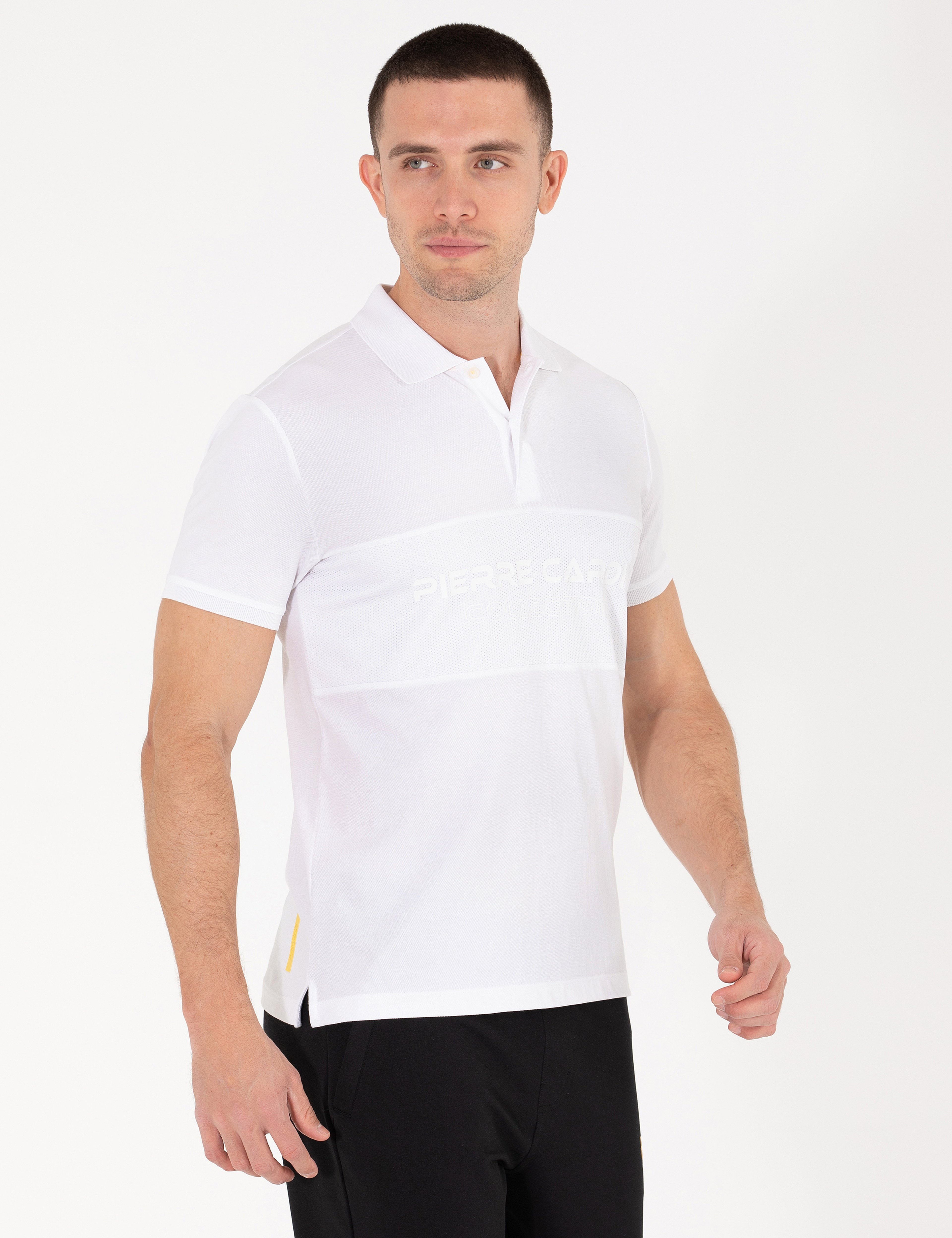 Beyaz Slim Fit Göğüs Baskılı Polo Yaka Tişört