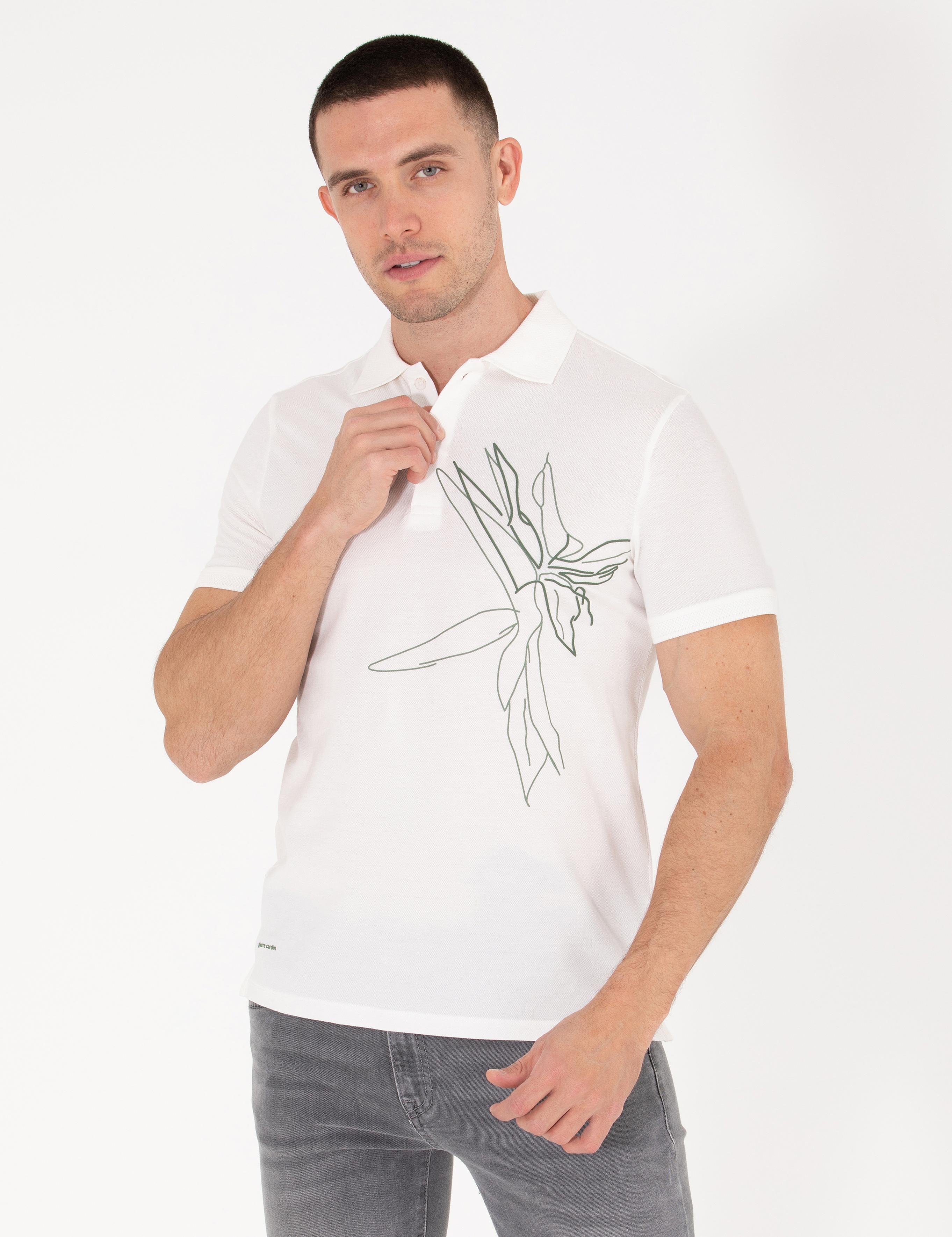 Ekru Slim Fit Baskılı Polo Yaka Tişört