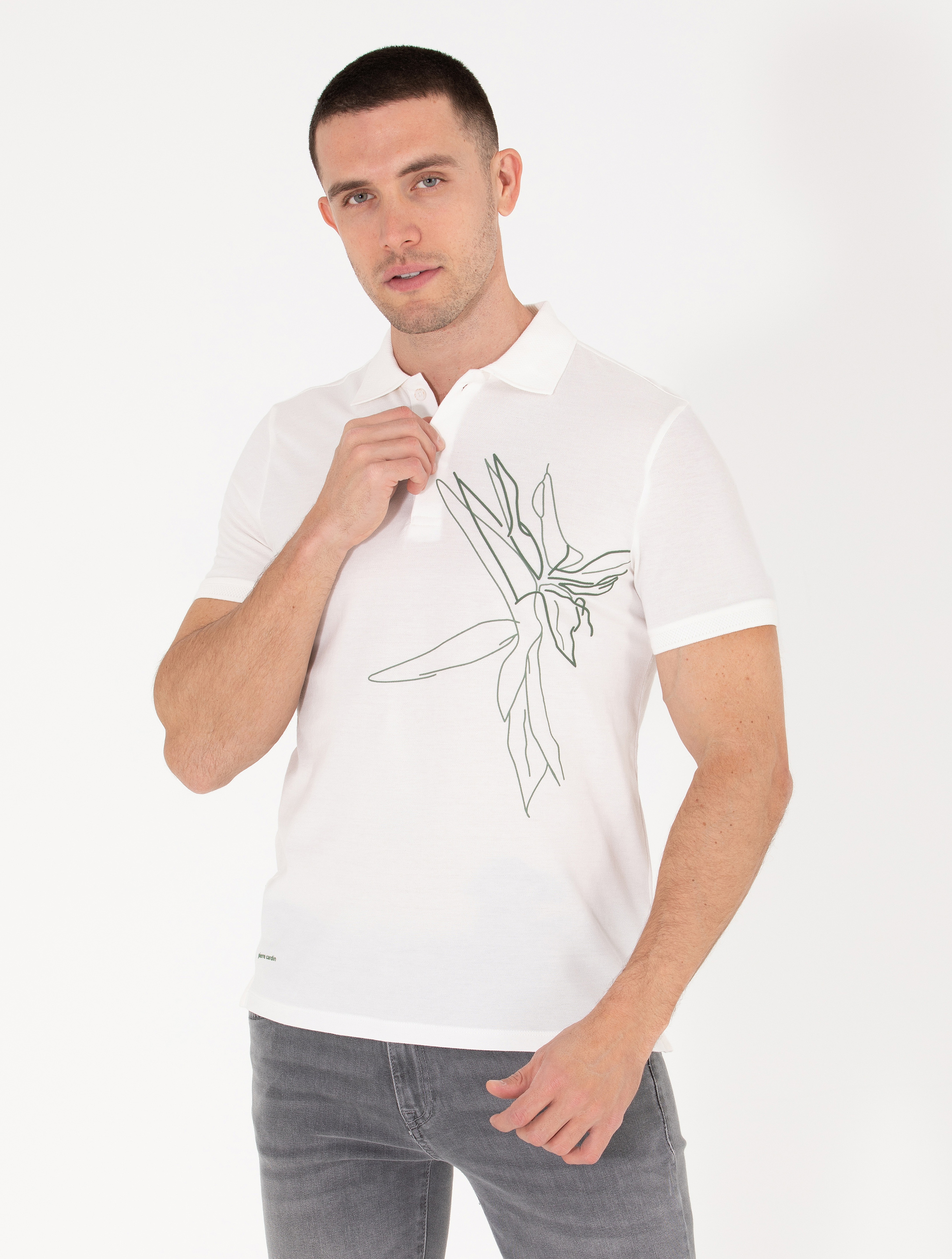 Ekru Slim Fit Baskılı Polo Yaka Tişört - Image 1