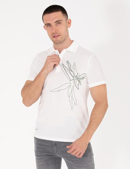Ekru Slim Fit Baskılı Polo Yaka Tişört - 50264568068
