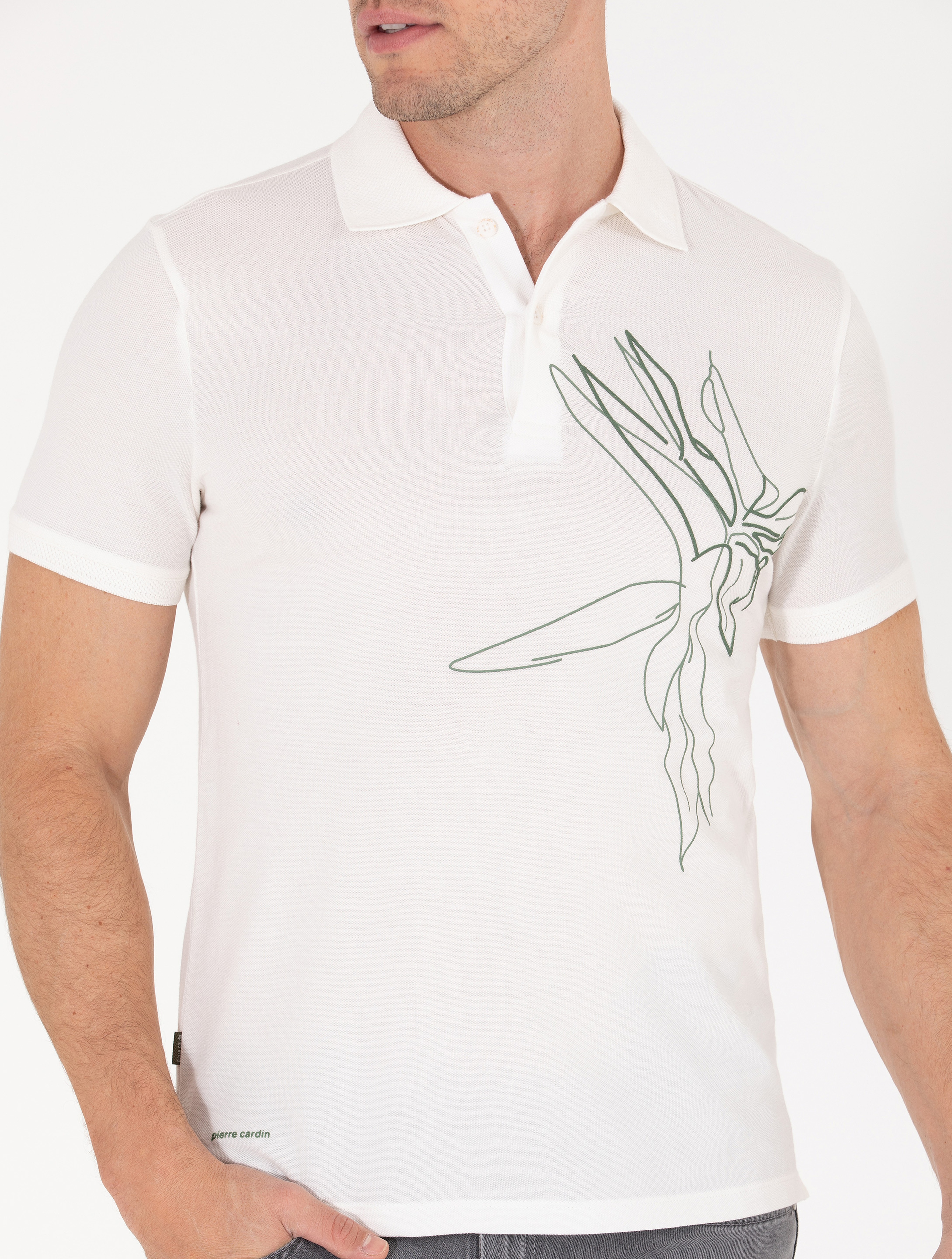 Ekru Slim Fit Baskılı Polo Yaka Tişört - Image 6