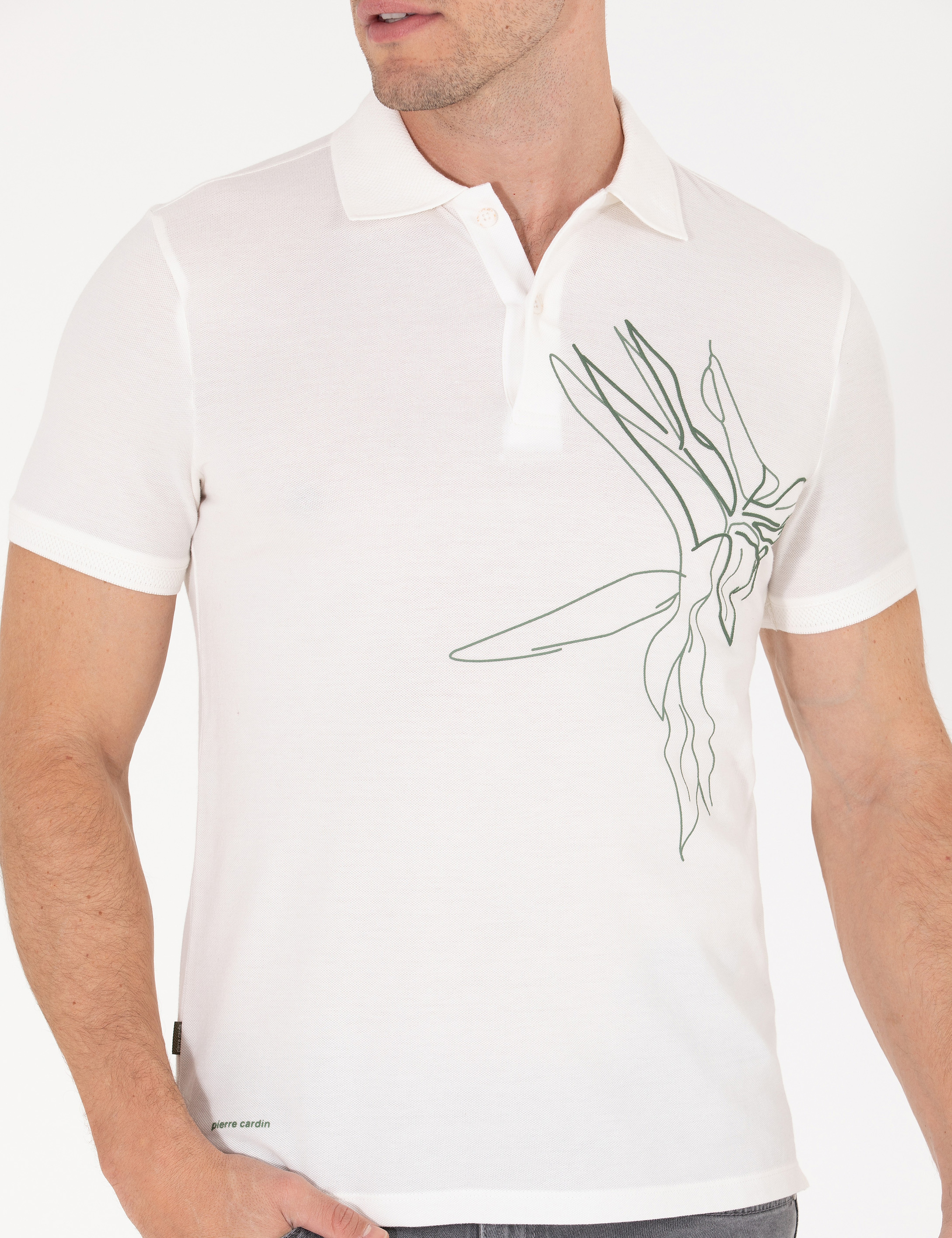 Ekru Slim Fit Baskılı Polo Yaka Tişört