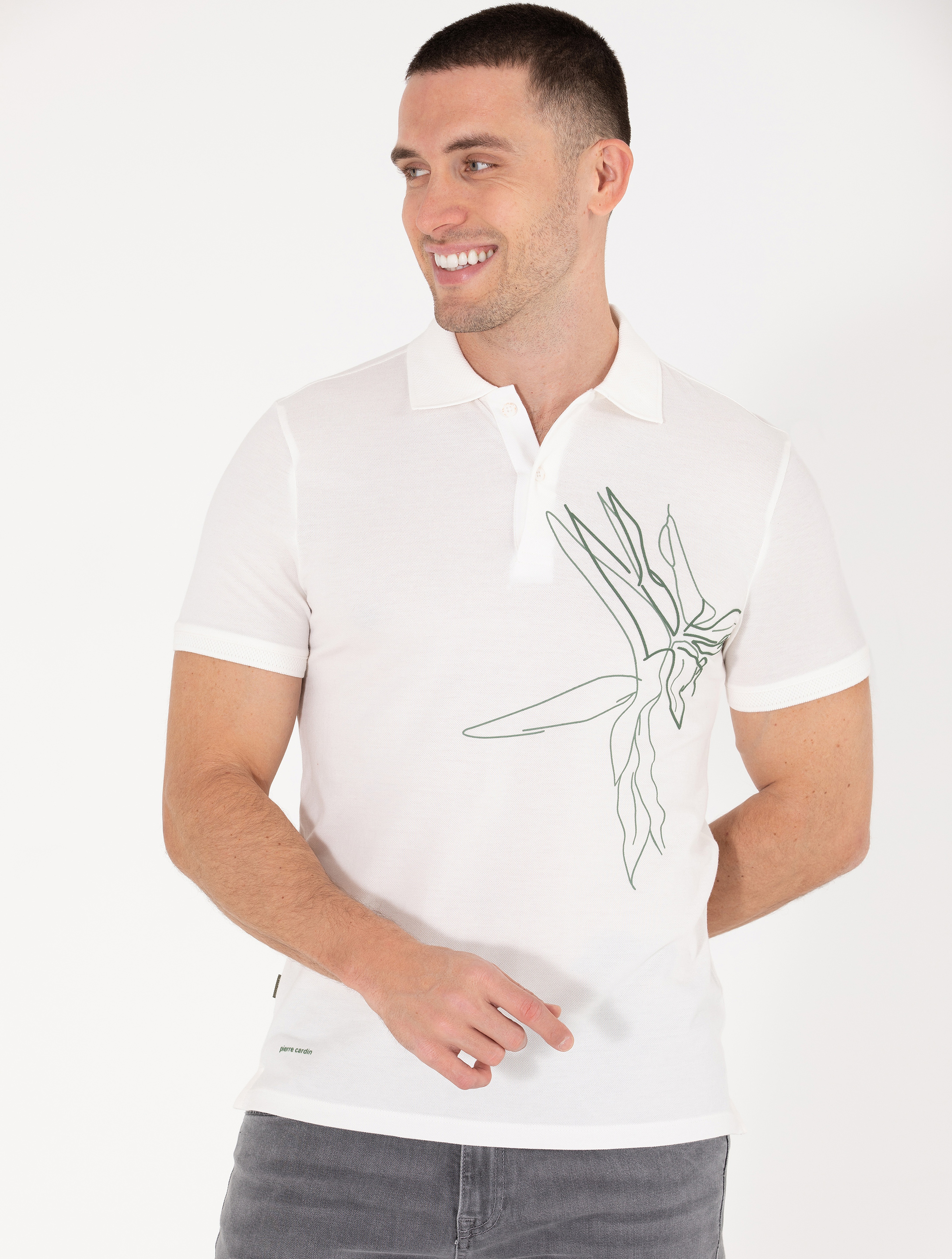 Ekru Slim Fit Baskılı Polo Yaka Tişört - Image 2
