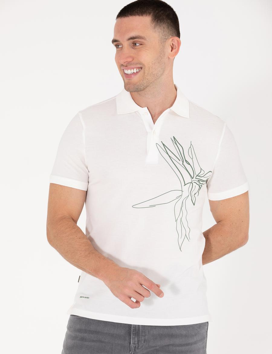 Ekru Slim Fit Baskılı Polo Yaka Tişört
