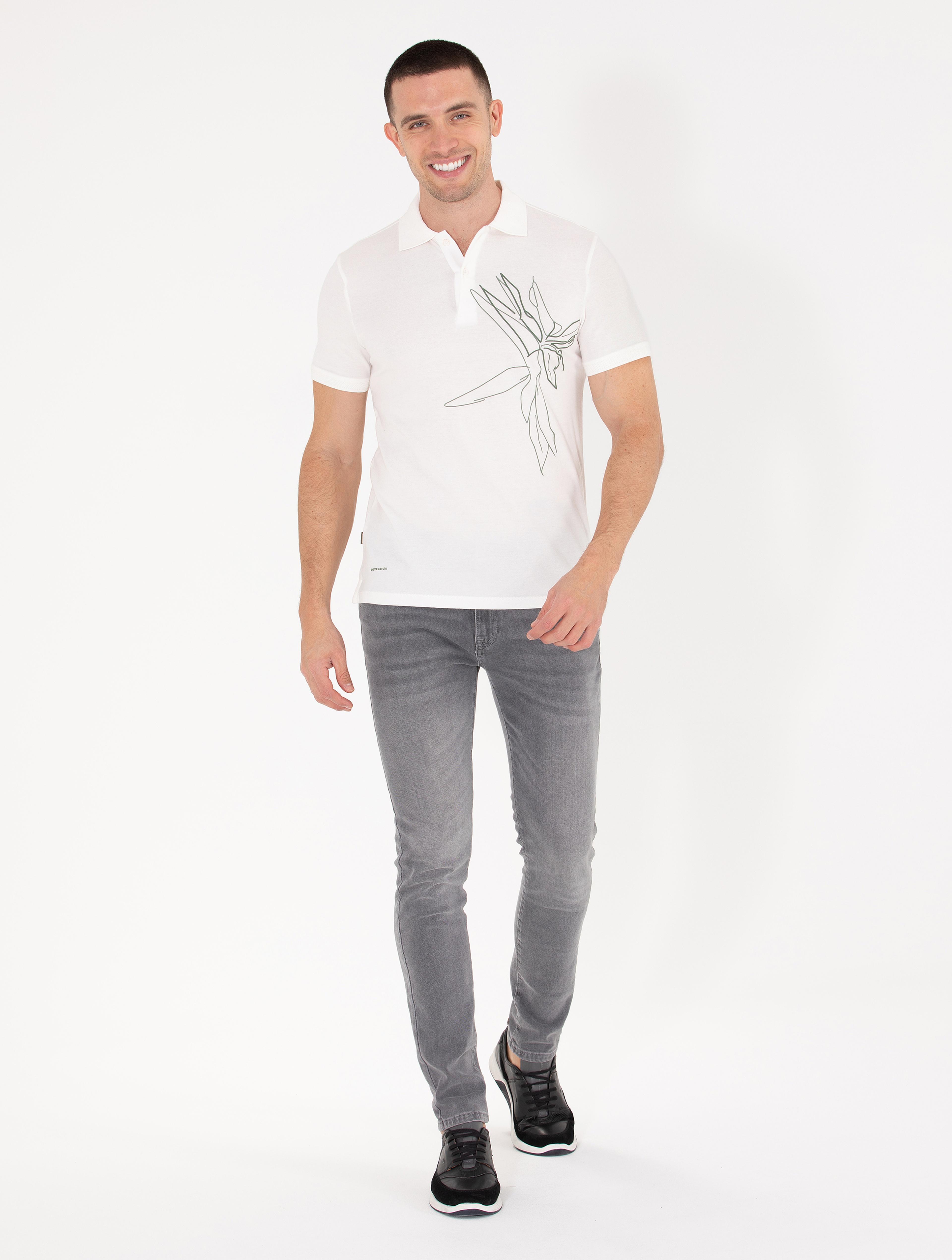Ekru Slim Fit Baskılı Polo Yaka Tişört - Image 3