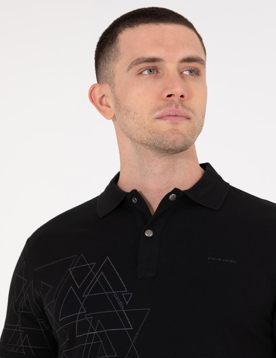 Siyah Slim Fit Baskılı Polo Yaka Tişört