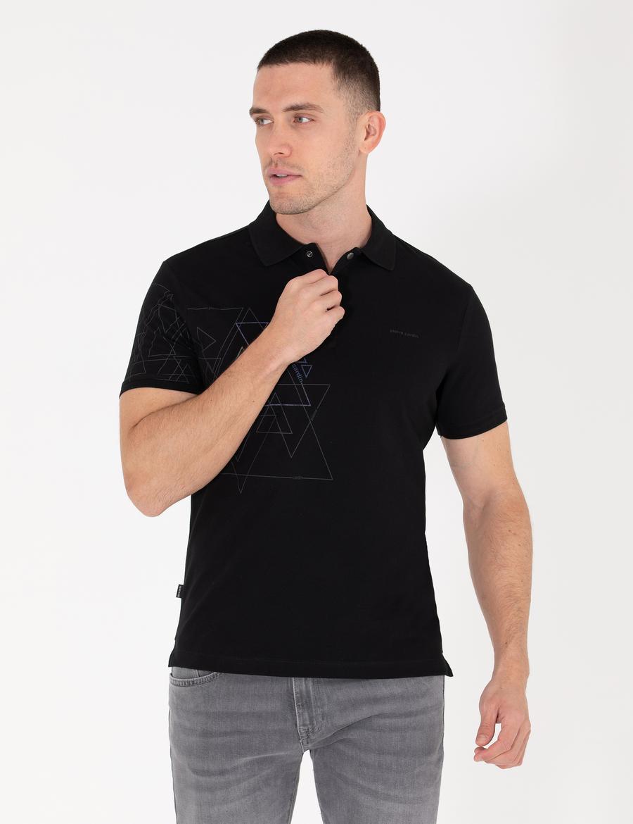 Siyah Slim Fit Baskılı Polo Yaka Tişört