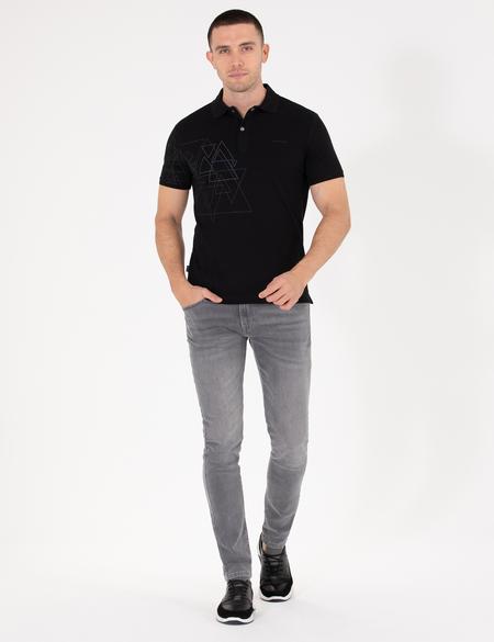 Siyah Slim Fit Baskılı Polo Yaka Tişört - 50264856023