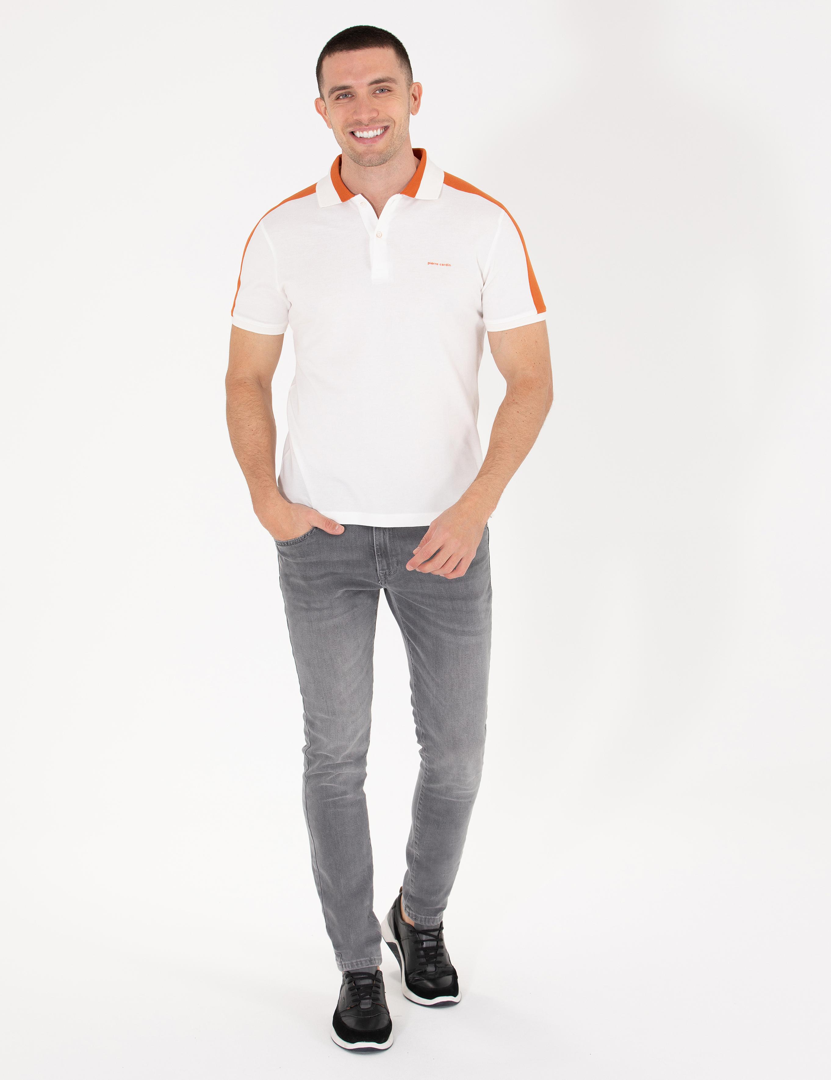 Ekru Slim Fit Omuz Çizgili Polo Yaka Tişört