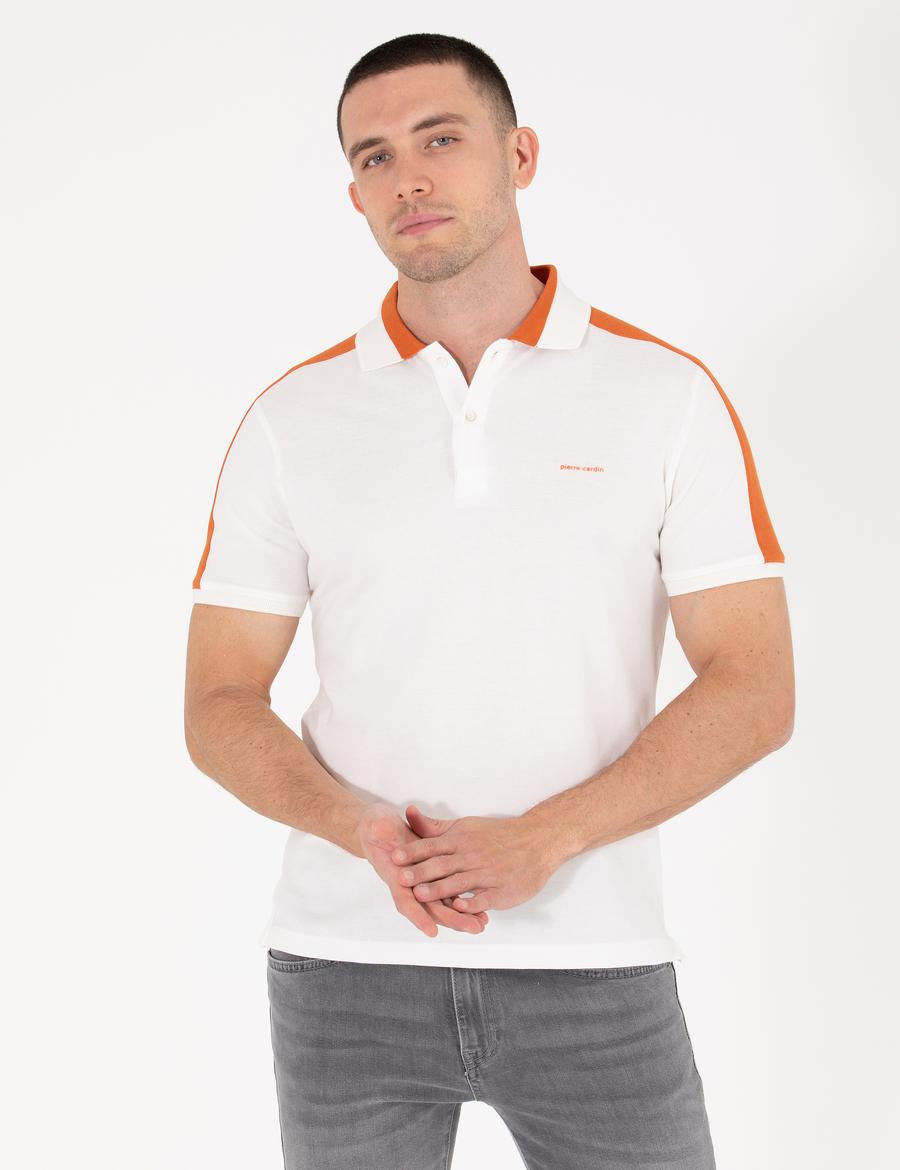 Ekru Slim Fit Omuz Çizgili Polo Yaka Tişört