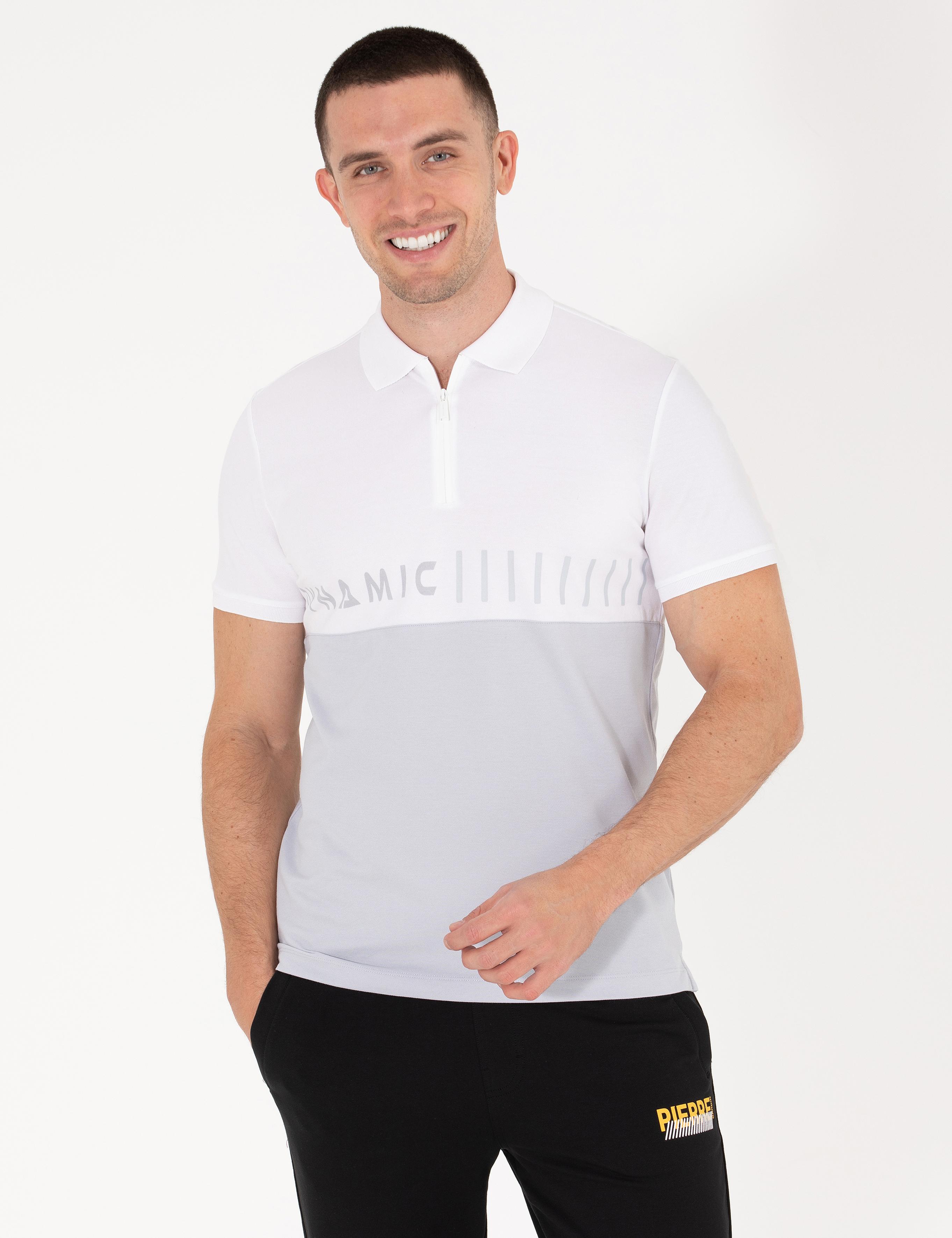 Beyaz Göğüs Baskılı Slim Fit Polo Yaka Tişört