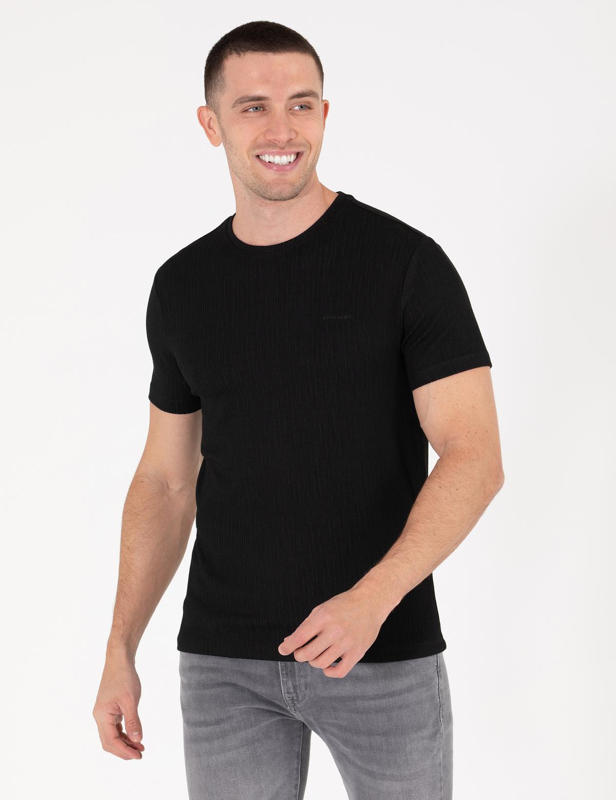 Siyah Slim Fit Jakarlı Bisiklet Yaka Tişört - 50266144029