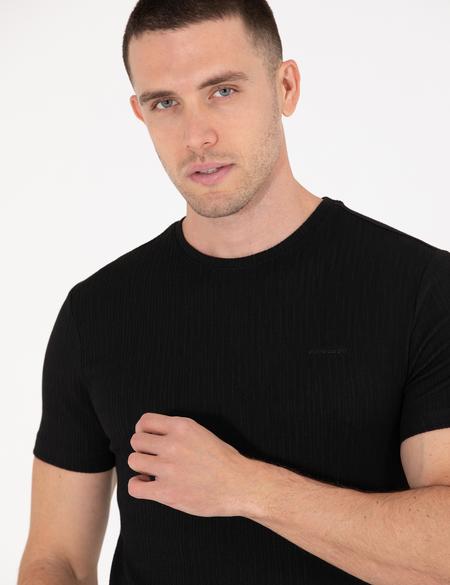 Siyah Slim Fit Jakarlı Bisiklet Yaka Tişört - 50266144029