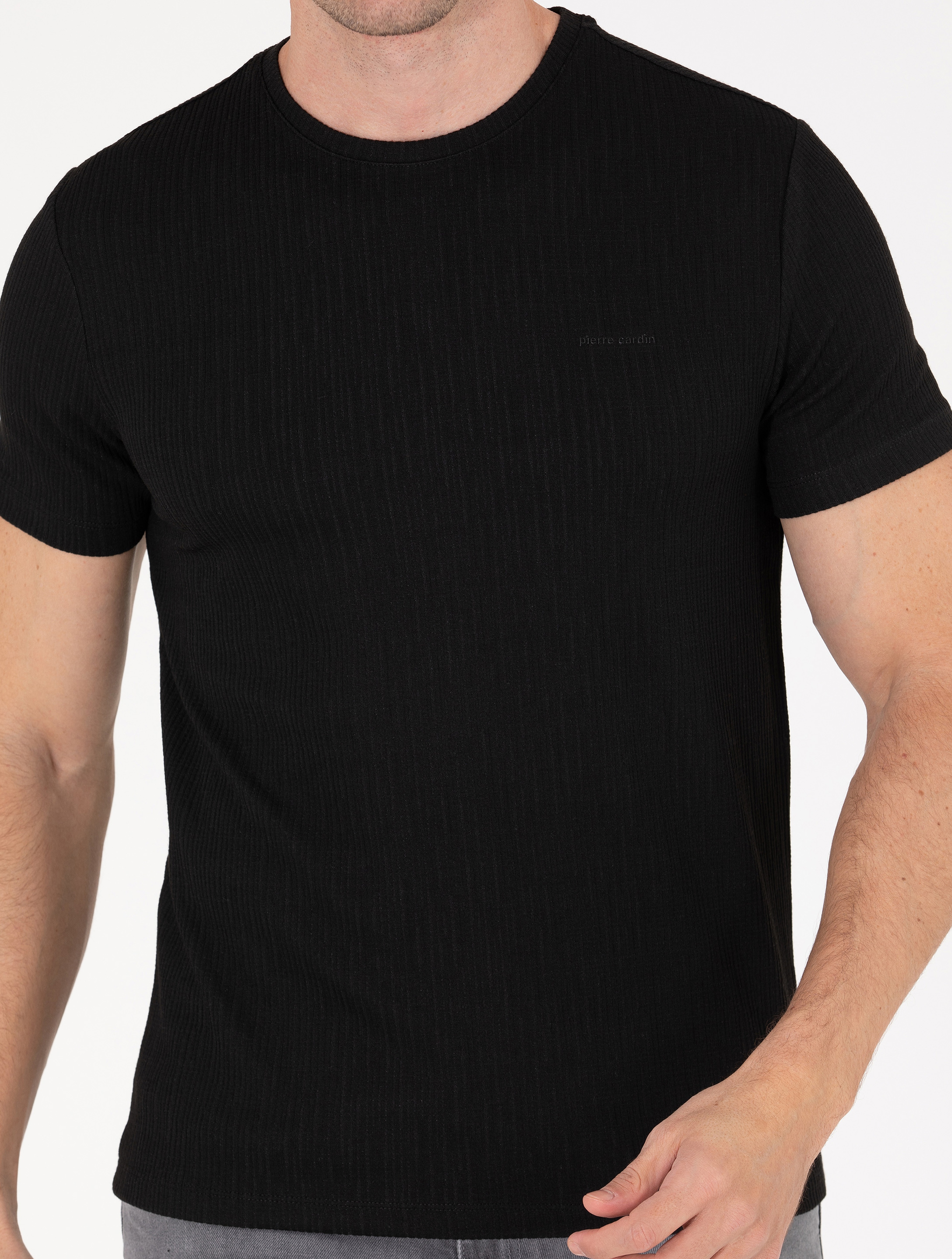 Siyah Slim Fit Jakarlı Bisiklet Yaka Tişört - Image 6
