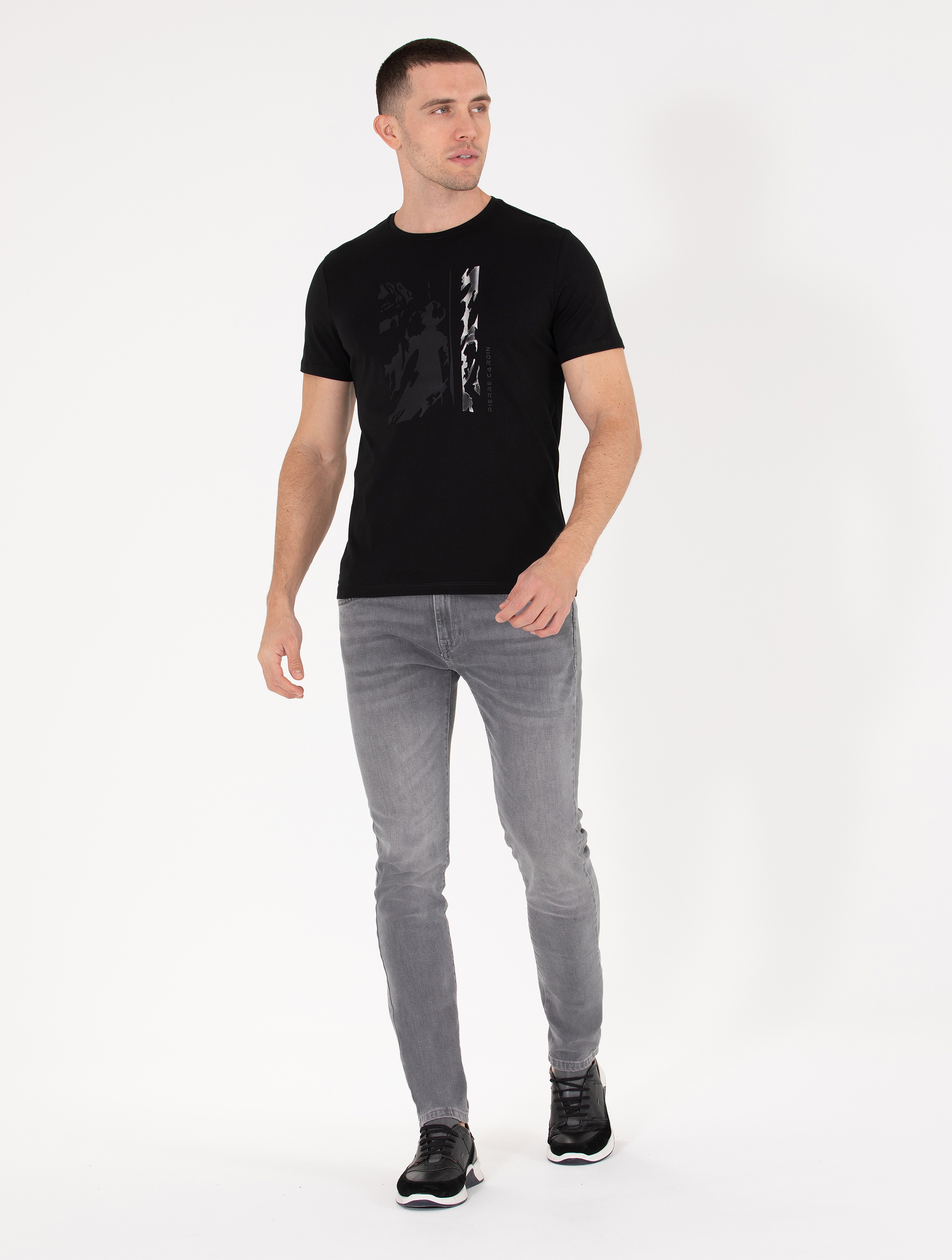 Siyah Slim Fit Baskılı Bisiklet Yaka Tişört - Image 4