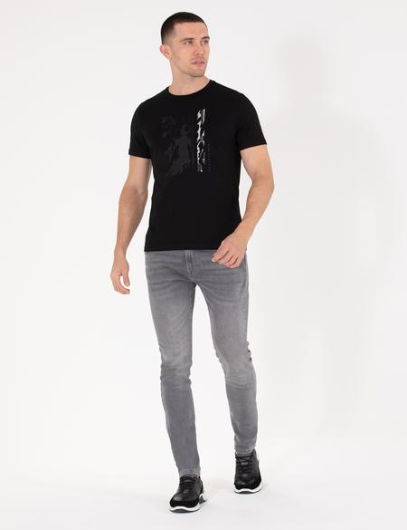 Siyah Slim Fit Baskılı Bisiklet Yaka Tişört - 50266145032